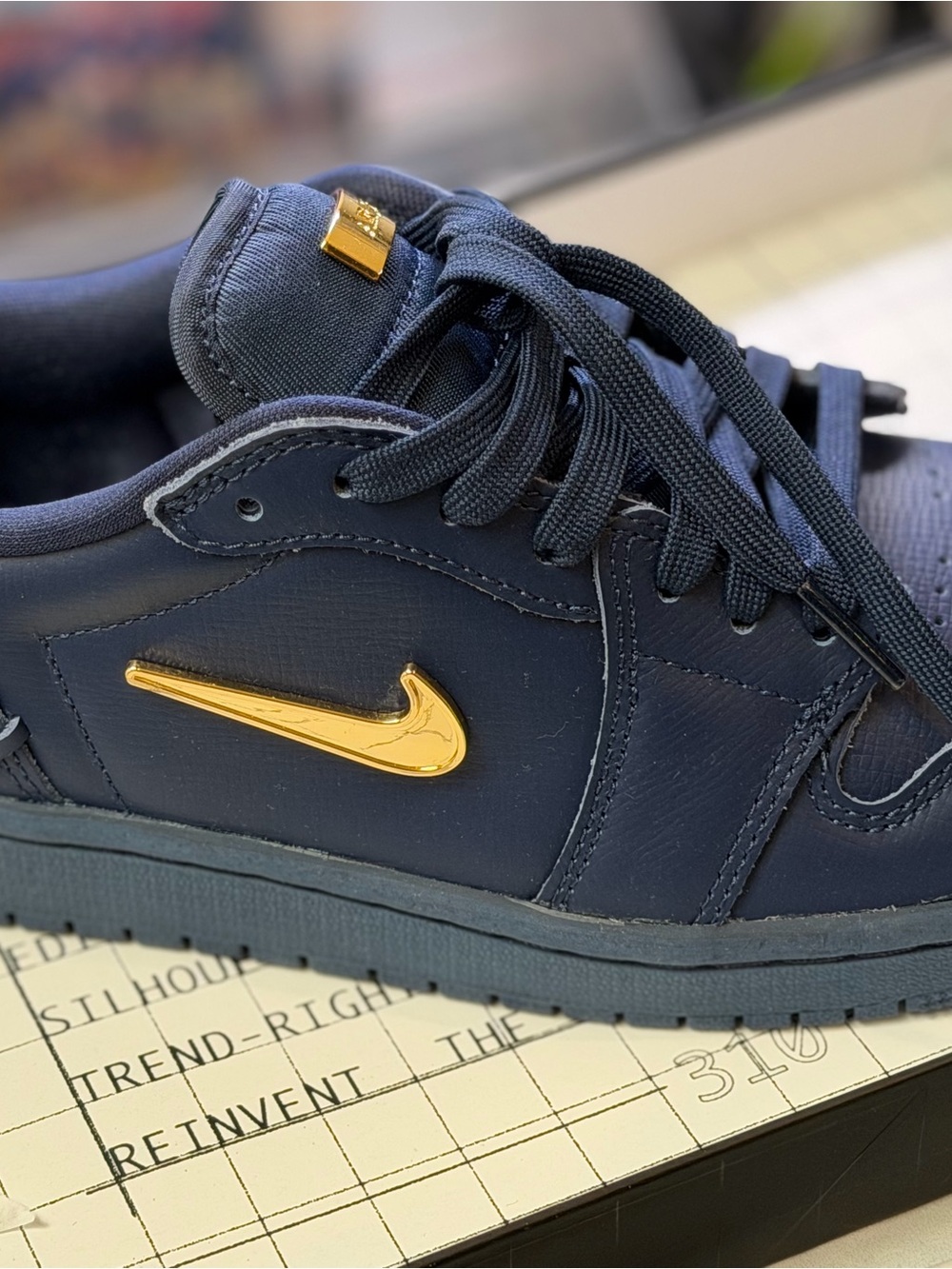 Nike women Navy Blue leather new Sneakers with Gold Swoosh Accent
